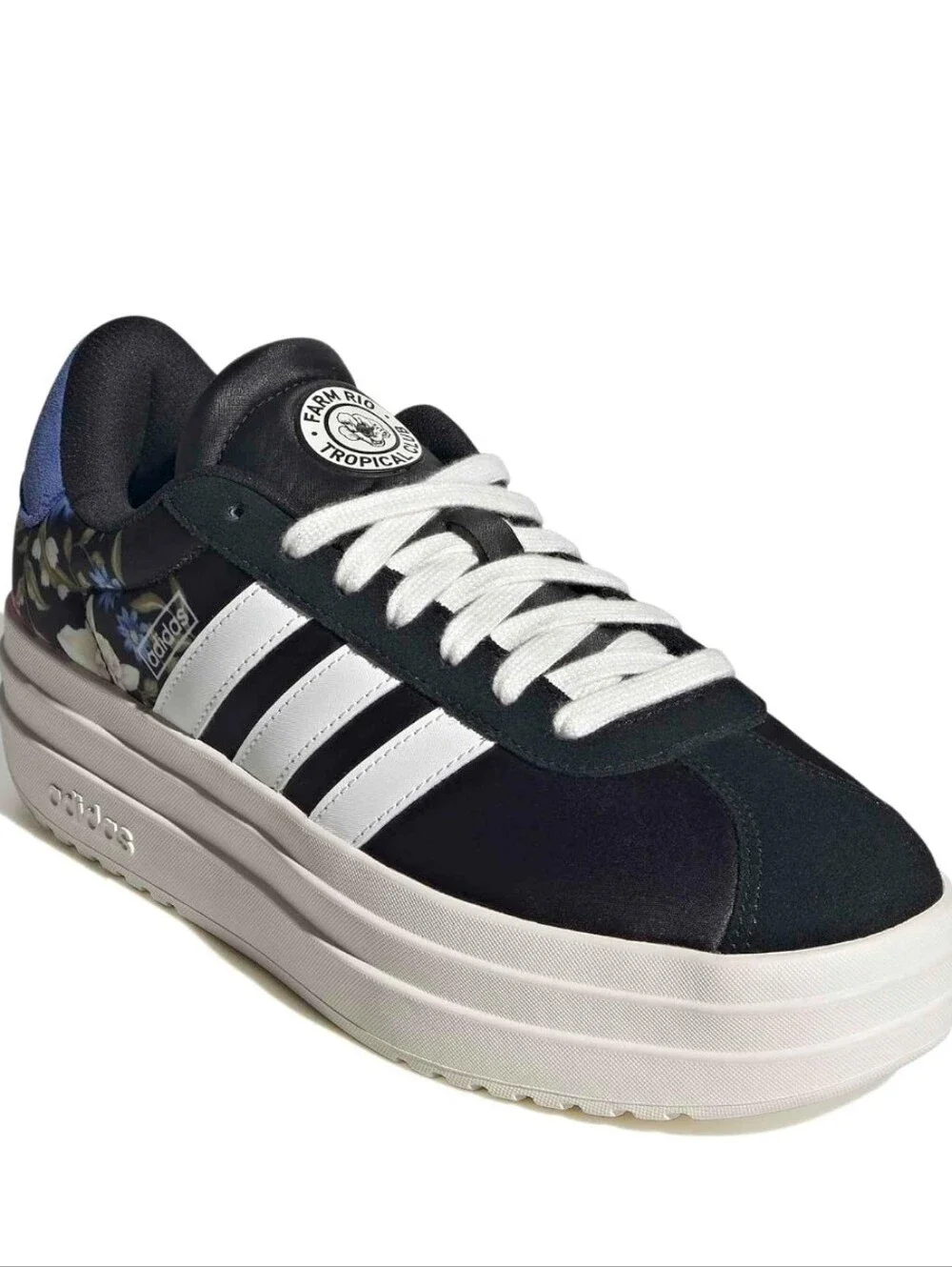 Adidas VL Court Bold Black Floral Platform Lace-Up Sneaker with White Stripes